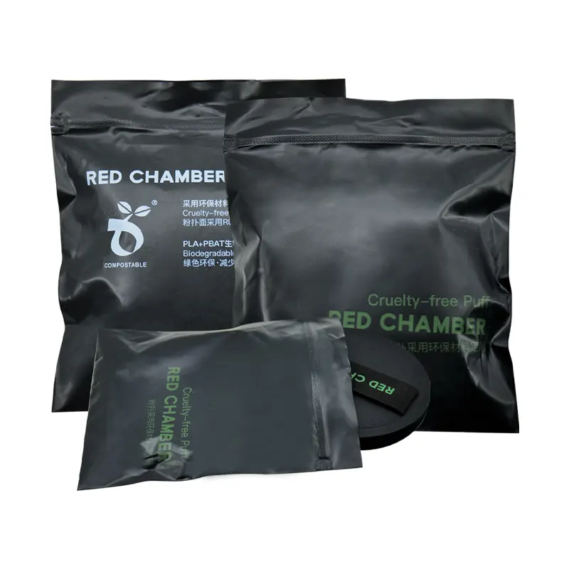 Compostable Bags for Powder Puffs Black Ziplock Design with Superior Barrier