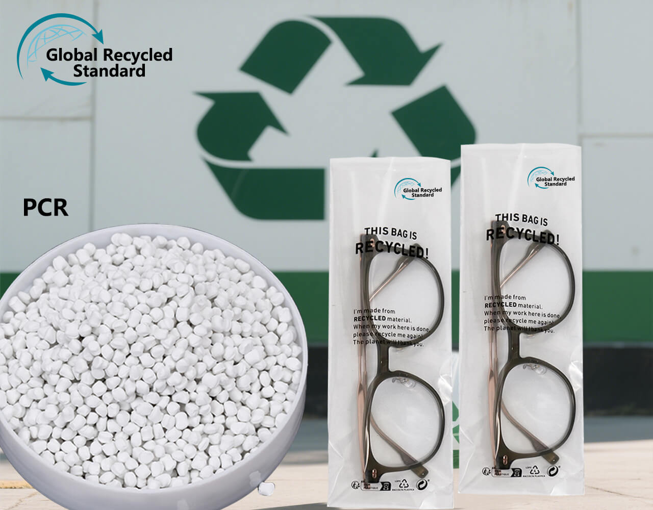 Recycled plastic. GRS standard 1 recycled polybags