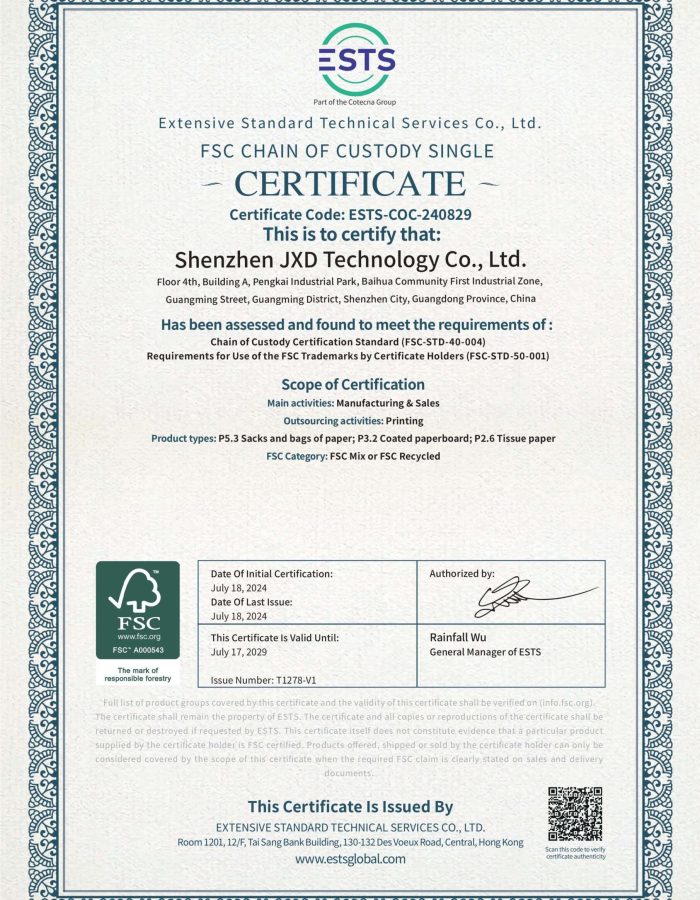 ESTS-COC-240829-FSC Certificate - Shenzhen JXD Technology Co., Ltd